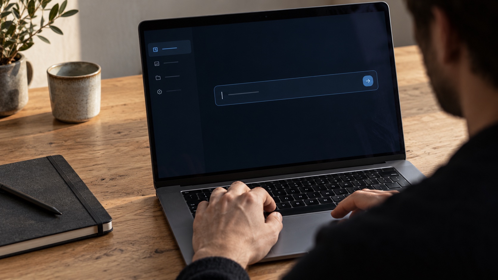 AI image workflow prompt entry Artist entering an initial prompt in a dark AI image-generation workspace on a laptop. | Sky Rye Design Artist entering an initial prompt in a dark AI image-generation workspace on a laptop.