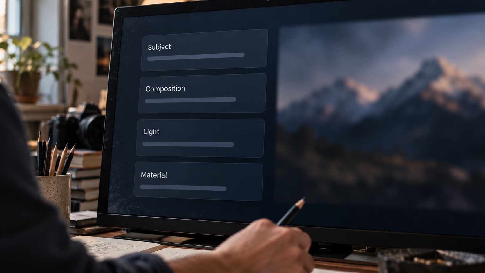 AI image workflow prompt refinement Prompt refinement interface organized into subject, composition, light, and material fields. | Sky Rye Design Prompt refinement interface organized into subject, composition, light, and material fields.
