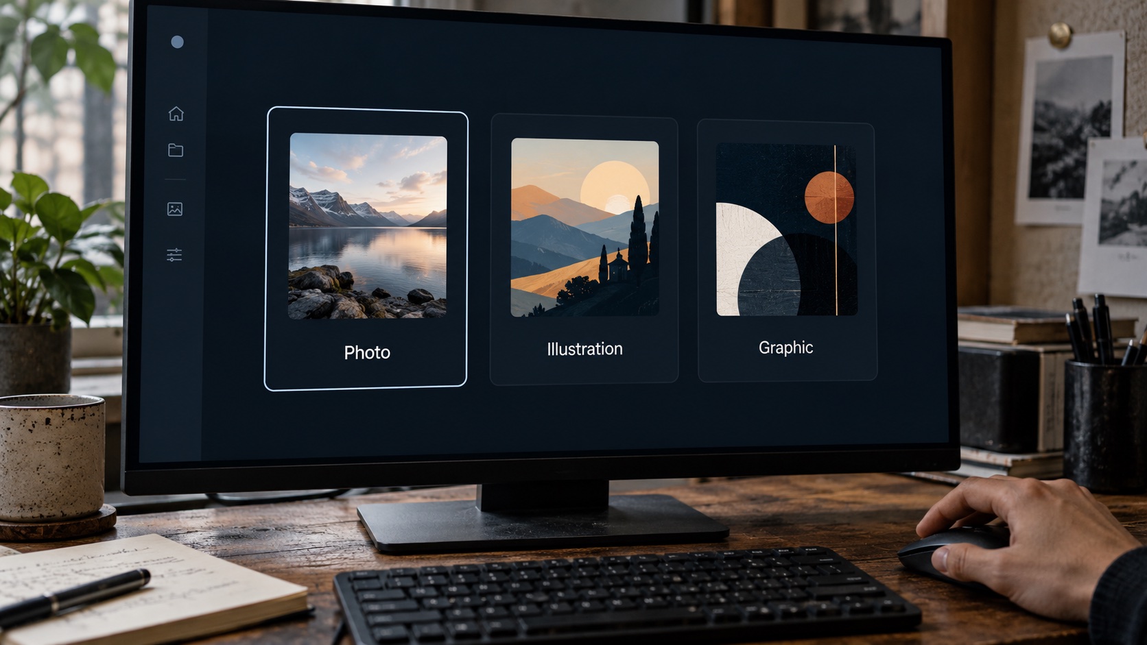 AI image workflow mode selection Editor choosing between photo, illustration, and graphic modes in a conceptual AI interface. | Sky Rye Design Editor choosing between photo, illustration, and graphic modes in a conceptual AI interface.