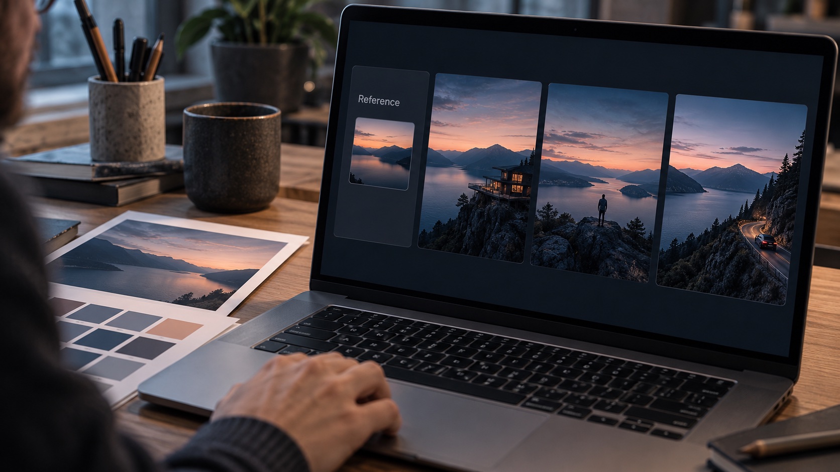 AI image workflow reference image Reference photograph guiding a consistent series of dusk landscape images in an AI workspace. | Sky Rye Design Reference photograph guiding a consistent series of dusk landscape images in an AI workspace.