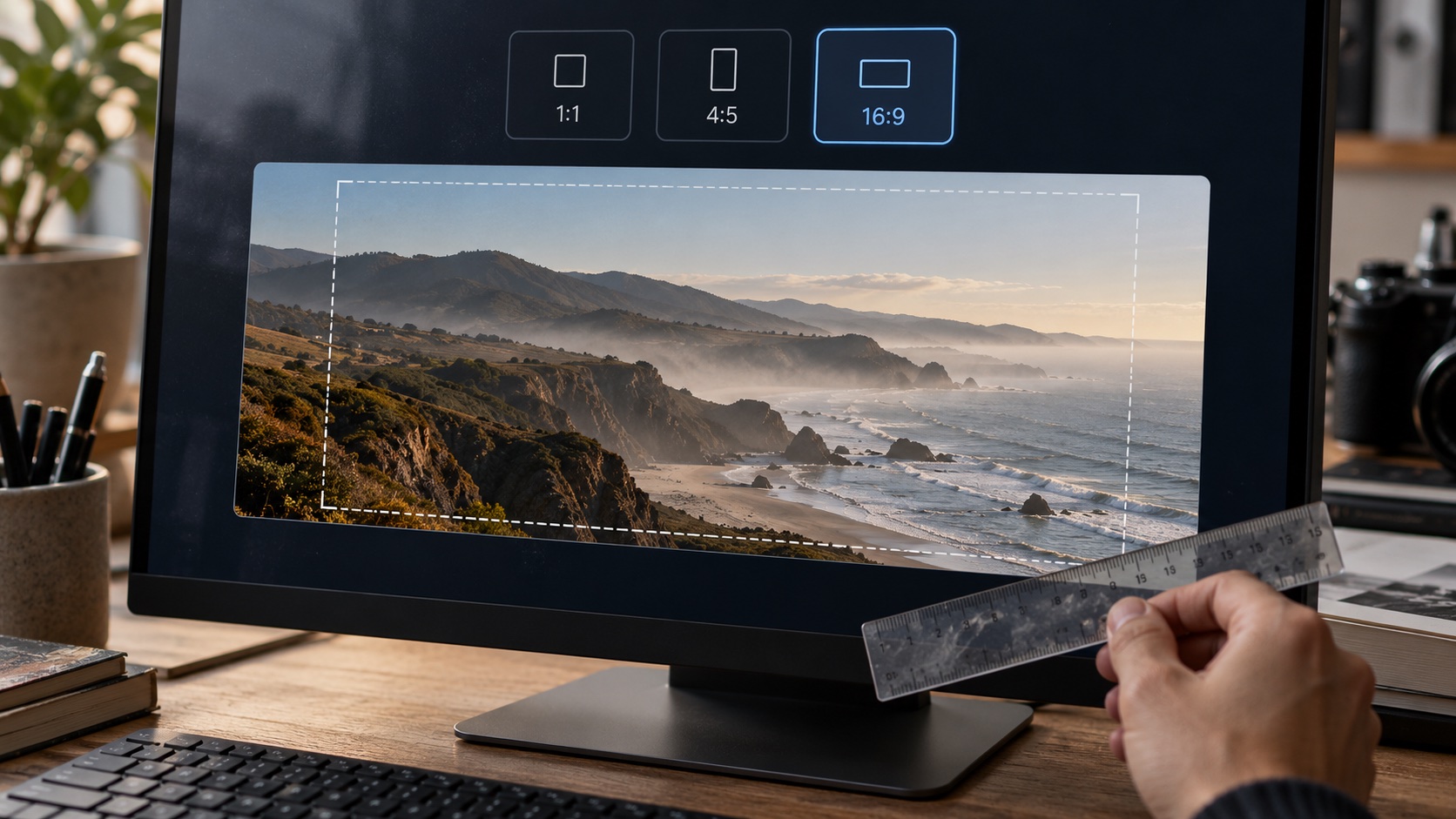 AI image workflow: aspect ratio Sixteen-by-nine image ratio selected with a composition-safe area shown over a coastal preview. | Sky Rye Design Sixteen-by-nine image ratio selected with a composition-safe area shown over a coastal preview.