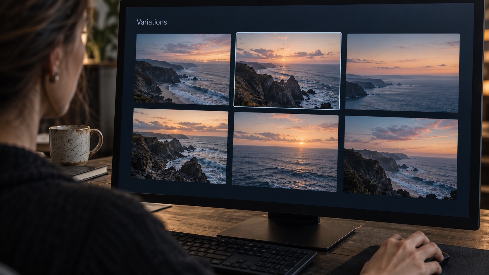AI image workflow variations grid Editor reviewing six coastal image variations in a dark AI generation workspace. | Sky Rye Design Editor reviewing six coastal image variations in a dark AI generation workspace.