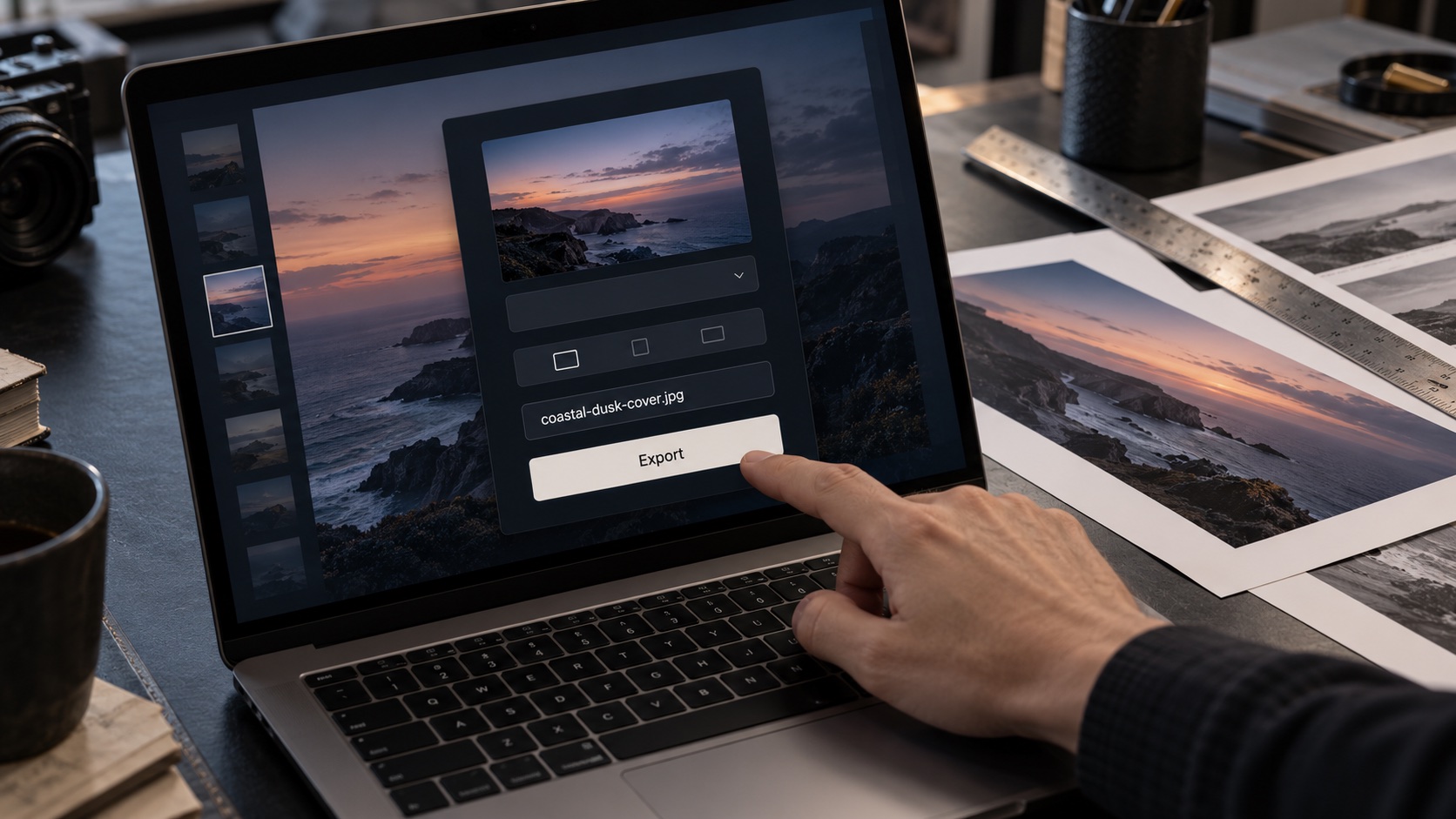 AI image workflow: export Approved coastal image being exported with a descriptive editorial filename. | Sky Rye Design Approved coastal image being exported with a descriptive editorial filename.