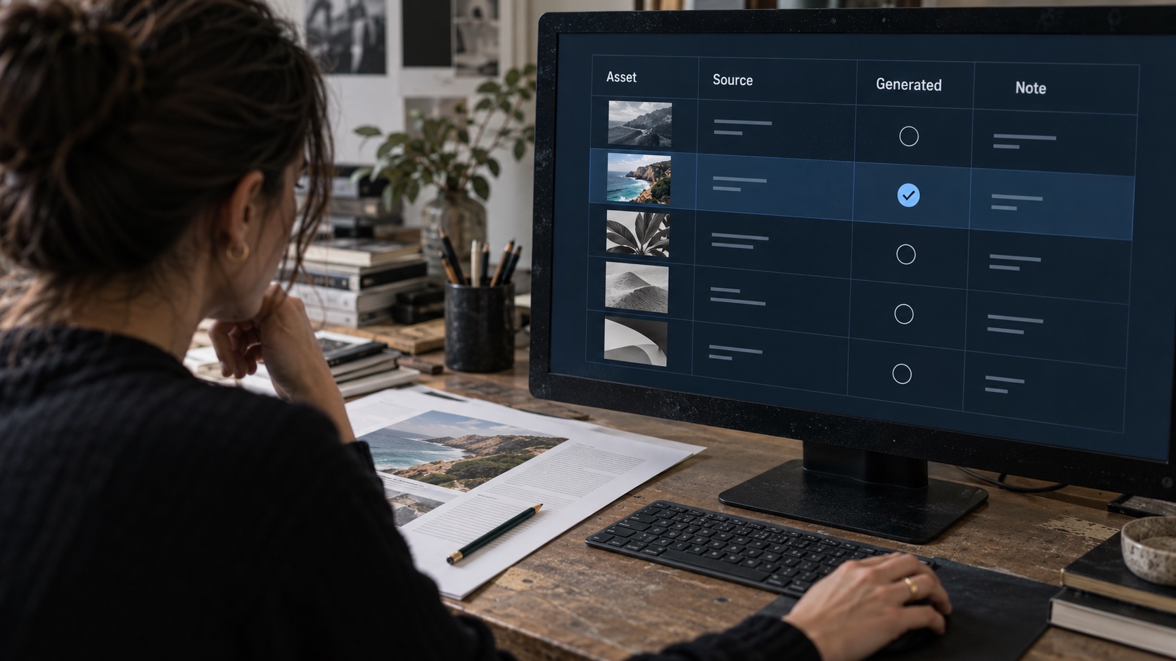 AI image workflow: asset log Editor recording source and generation details for visual assets in an editorial log. | Sky Rye Design Editor recording source and generation details for visual assets in an editorial log.