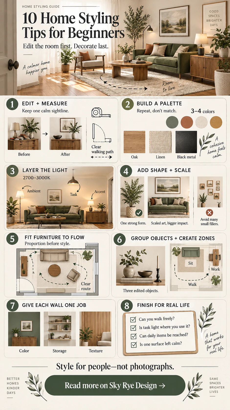 Home styling tips for beginners infographic showing editing, palette, lighting, plants, art, furniture flow, activity zones, walls, and a final checklist