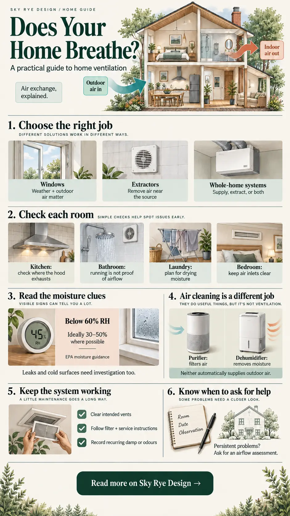 Home Ventilation A Practical Illustrated Guide Home ventilation infographic comparing windows, extractors and whole-home systems, with room checks, humidity guidance and maintenance tips. | Sky Rye Design Home ventilation infographic comparing windows, extractors and whole-home systems, with room checks, humidity guidance and maintenance tips.