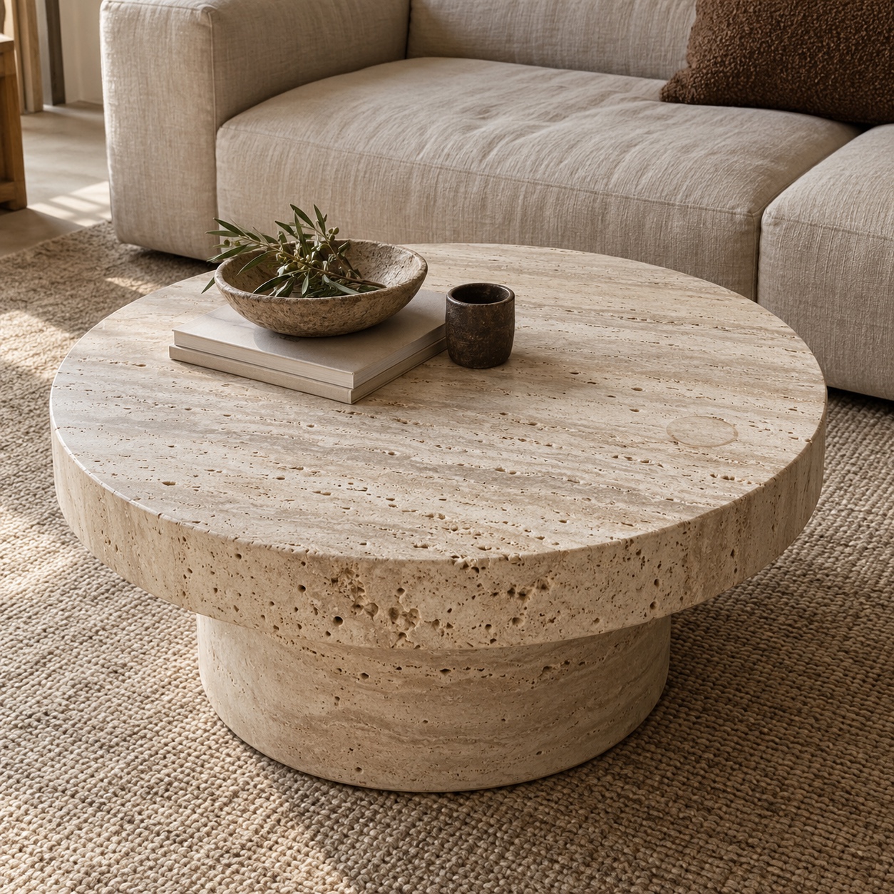 Round honed travertine coffee table on a sand-colored wool rug beside a linen sofa