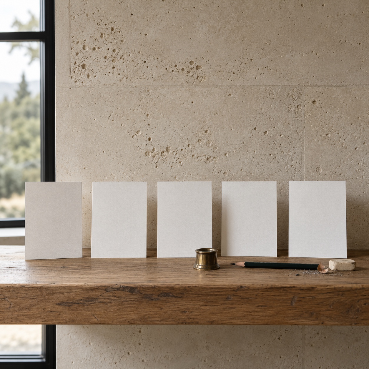 Five rules for honest AI visuals Five blank paper cards arranged on an oak shelf in a pale limestone studio. | Sky Rye Design Five blank paper cards arranged on an oak shelf in a pale limestone studio.