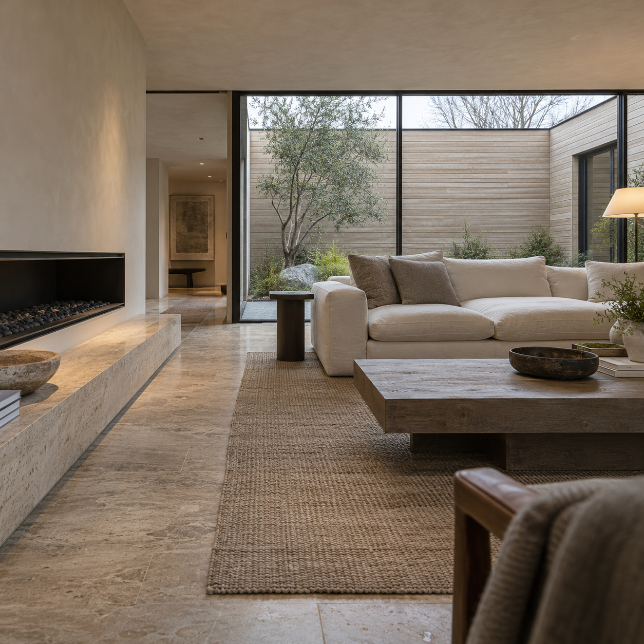 Low modern living room with horizontal siding beyond the glass