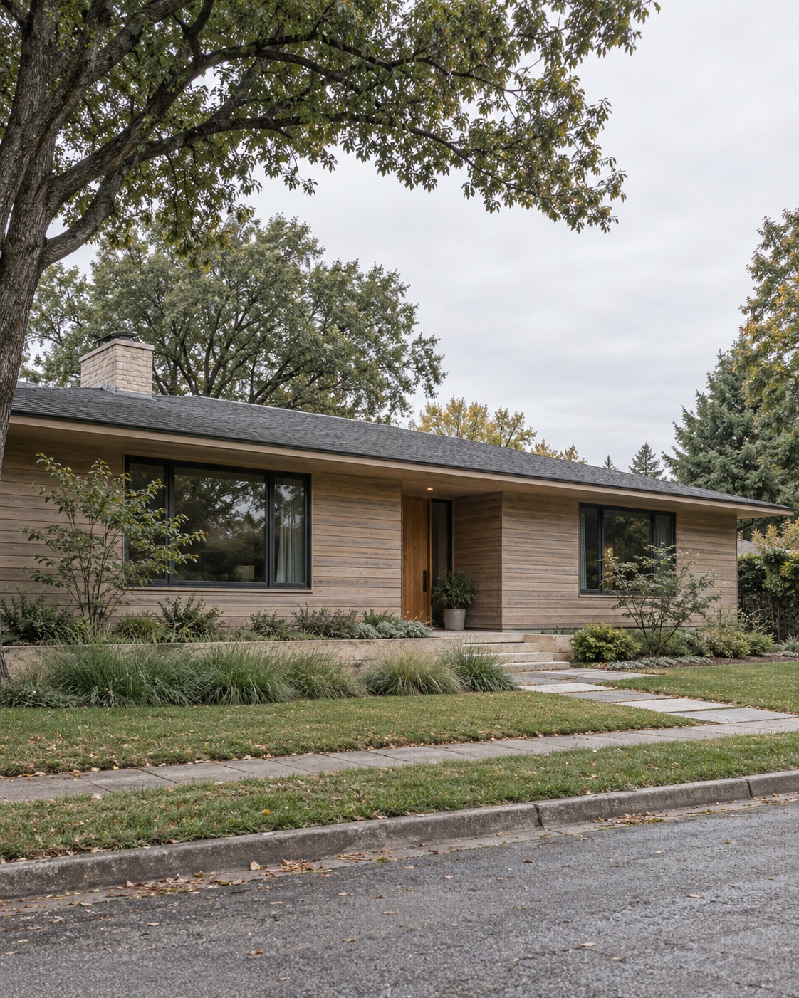 Single-story ranch house with pale horizontal siding and long low roof