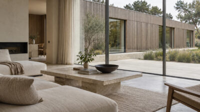 Modern living room looking onto a long horizontal timber-clad wing