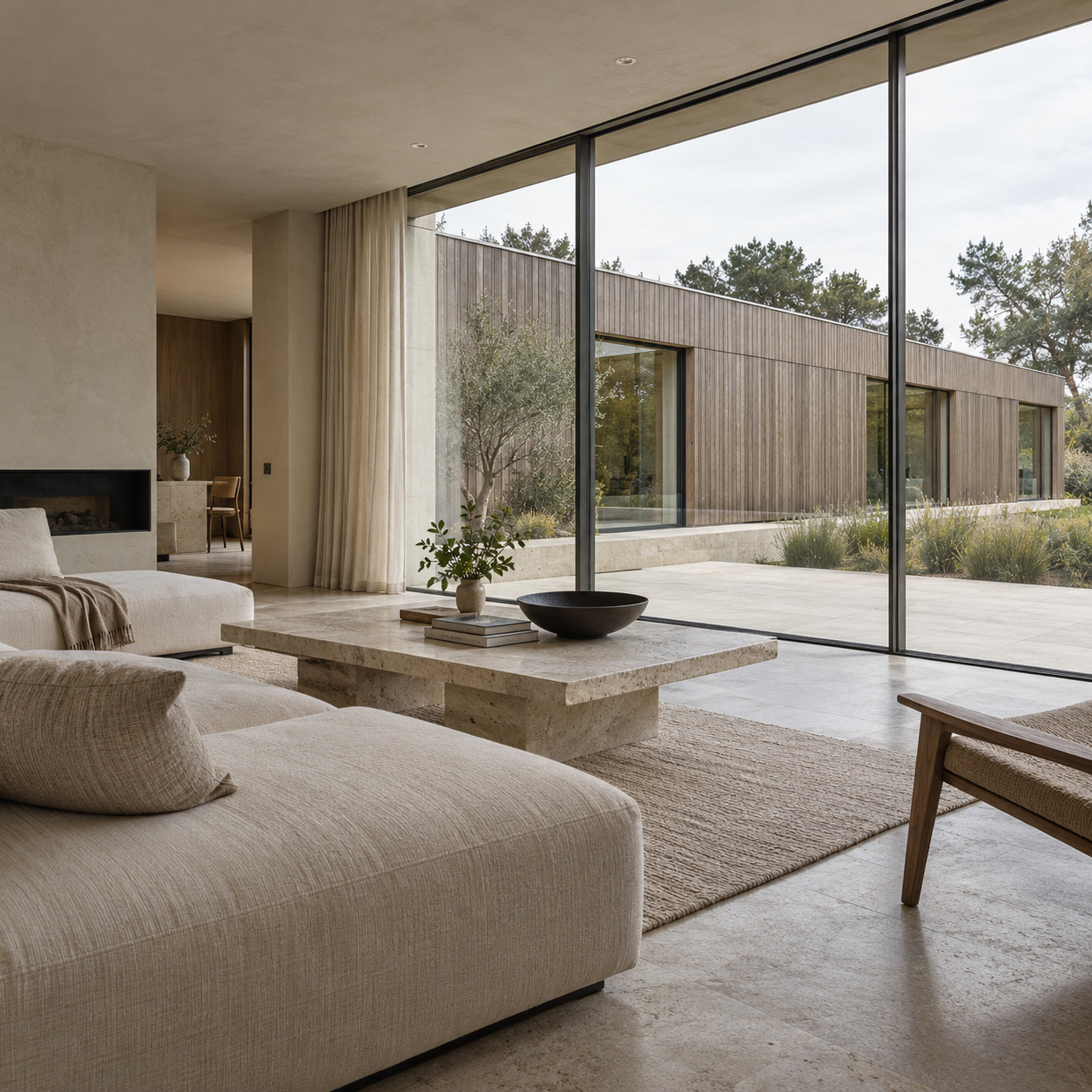 Modern living room looking onto a long horizontal timber-clad wing