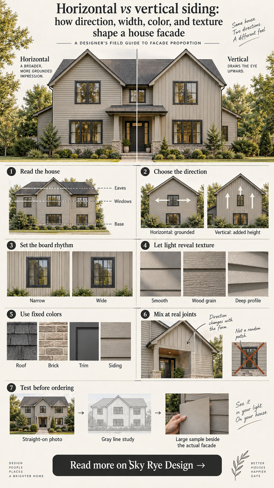 Infographic comparing horizontal and vertical siding, board widths, textures, colors, and facade testing steps