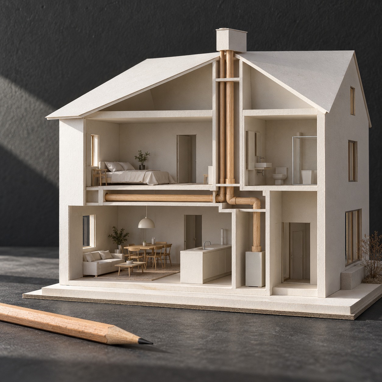 House cutaway ductwork model White card house cutaway with pale oak rods representing the duct route. | Sky Rye Design White card house cutaway with pale oak rods representing the duct route.