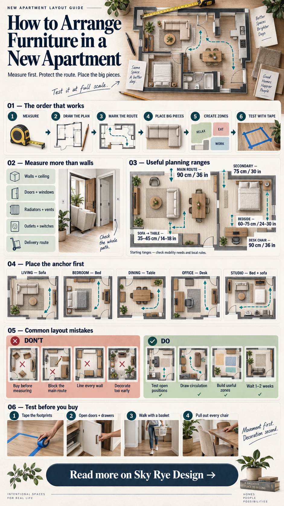 How to Arrange Furniture in a New Apartment Infographic Furniture layout infographic showing apartment measurements, traffic paths, clearances, room zones, and a floor-tape test | Sky Rye Design Furniture layout infographic showing apartment measurements, traffic paths, clearances, room zones, and a floor-tape test