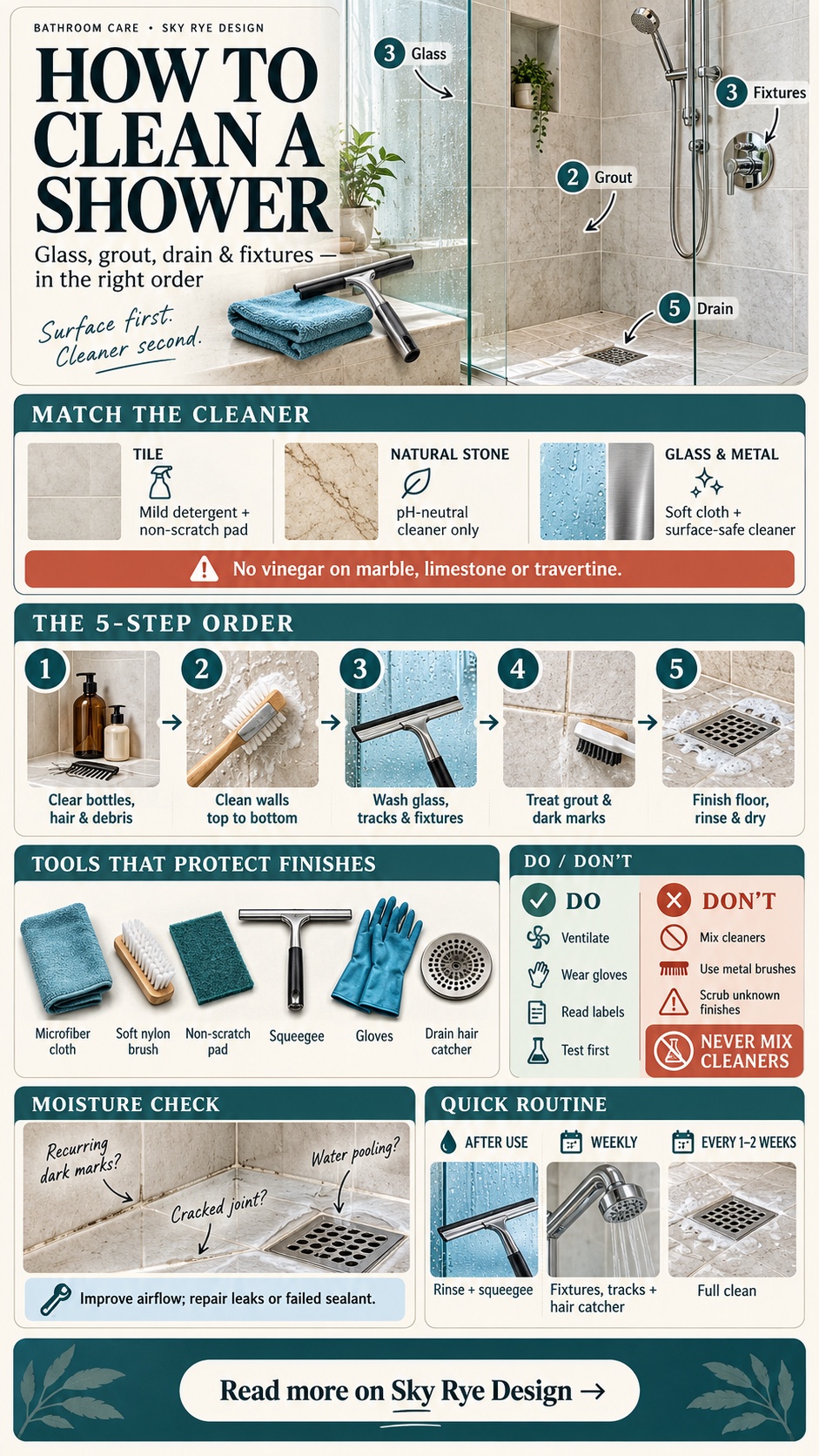 How to clean a shower infographic showing safe cleaners, five cleaning steps, tools, moisture checks, and a maintenance routine