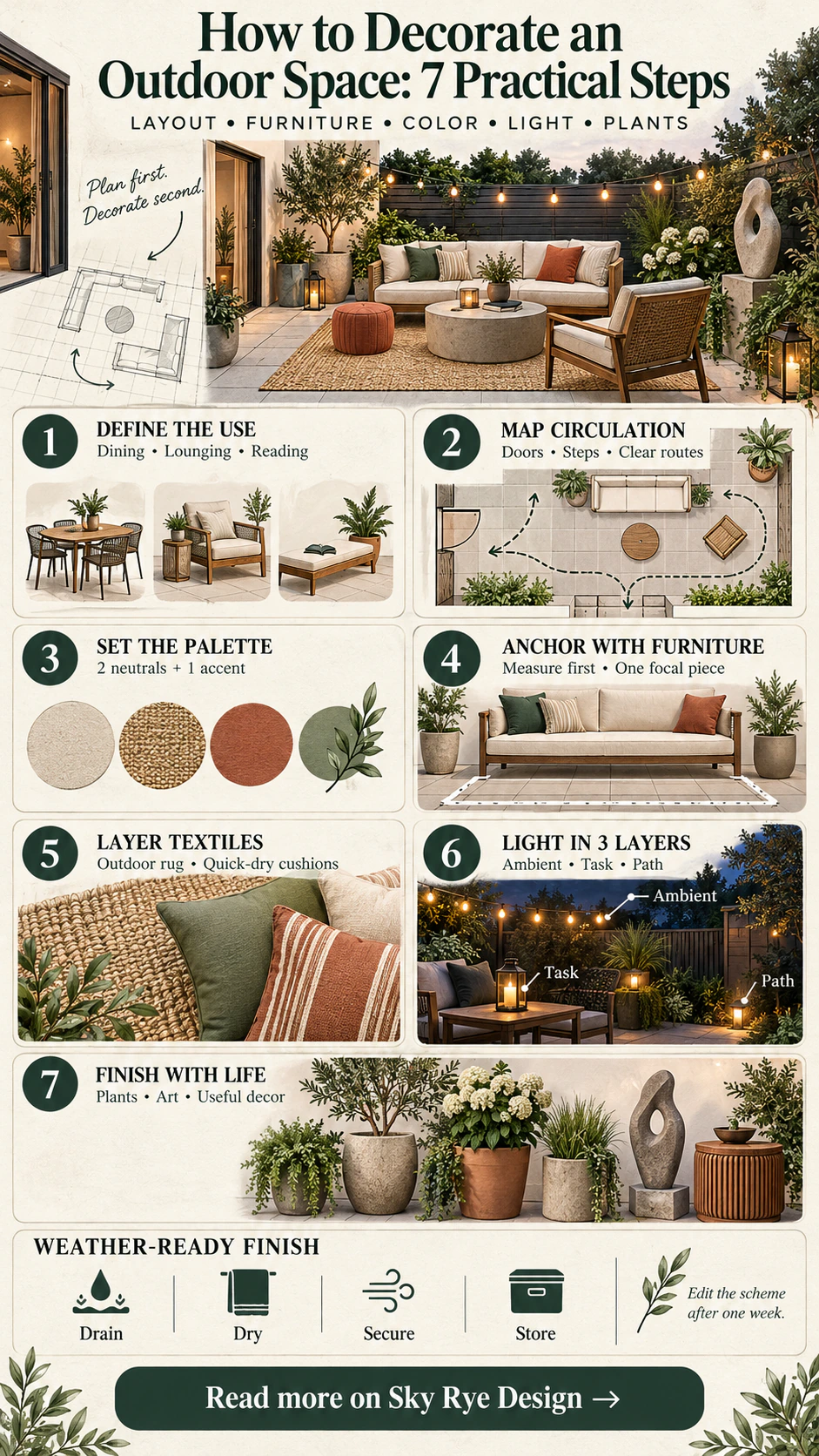 How to decorate an outdoor space in seven practical steps infographic