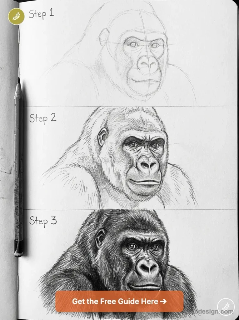 tutorial-gorilla Three-step gorilla drawing: Step 1 rough sketch, Step 2 shaded portrait, Step 3 finished gorilla illustration in a notebook. | Sky Rye Design Three-step pencil drawing progression of a gorilla face from initial guidelines, to detailed outline, to fully shaded portrait