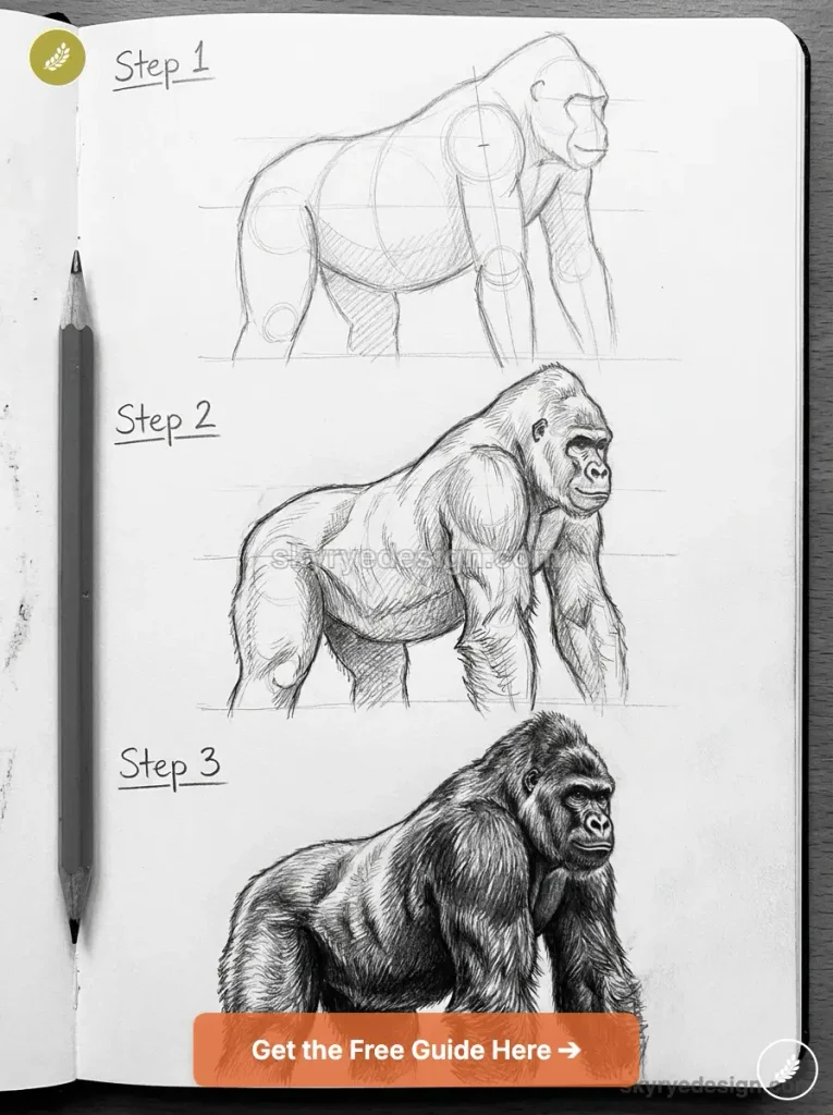 tutorial-gorilla-body Progression of gorilla sketches in a notebook: Step 1 basic silhouette, Step 2 shaded figure, Step 3 detailed fur; pencil on the left. | Sky Rye Design Three drawing stages of a knuckle-walking gorilla, progressing from basic construction lines to full pencil shading