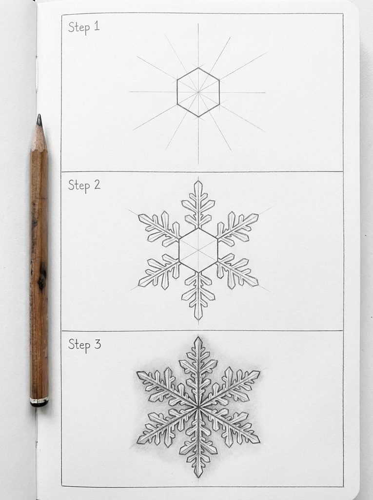 Pencil_drawing_tutorial_snowflak_20261014112030 Step 1: central hexagon with radiating guide lines forming a starburst on a notebook page edge-to-edge sketch. | Sky Rye Design Three steps showing pencil guidelines with a central hexagon, outlined branching arms, and a finished shaded snowflake