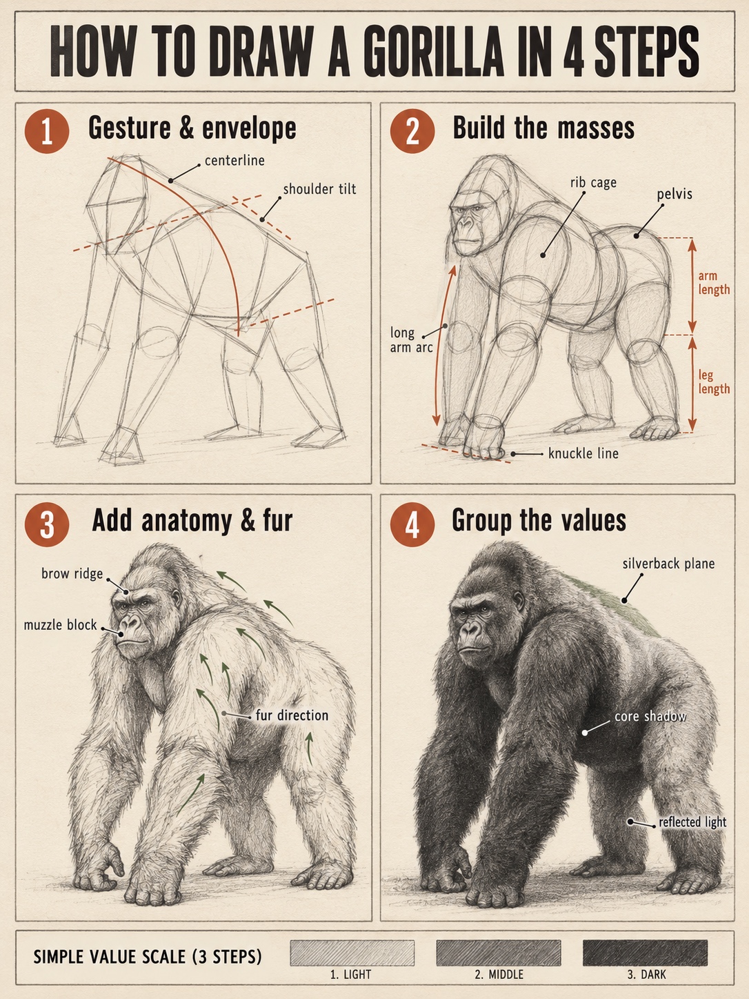 How to draw a gorilla in four steps Four-panel infographic showing gesture, construction, anatomy and values | Sky Rye Design Four-panel infographic showing gesture, construction, anatomy and values
