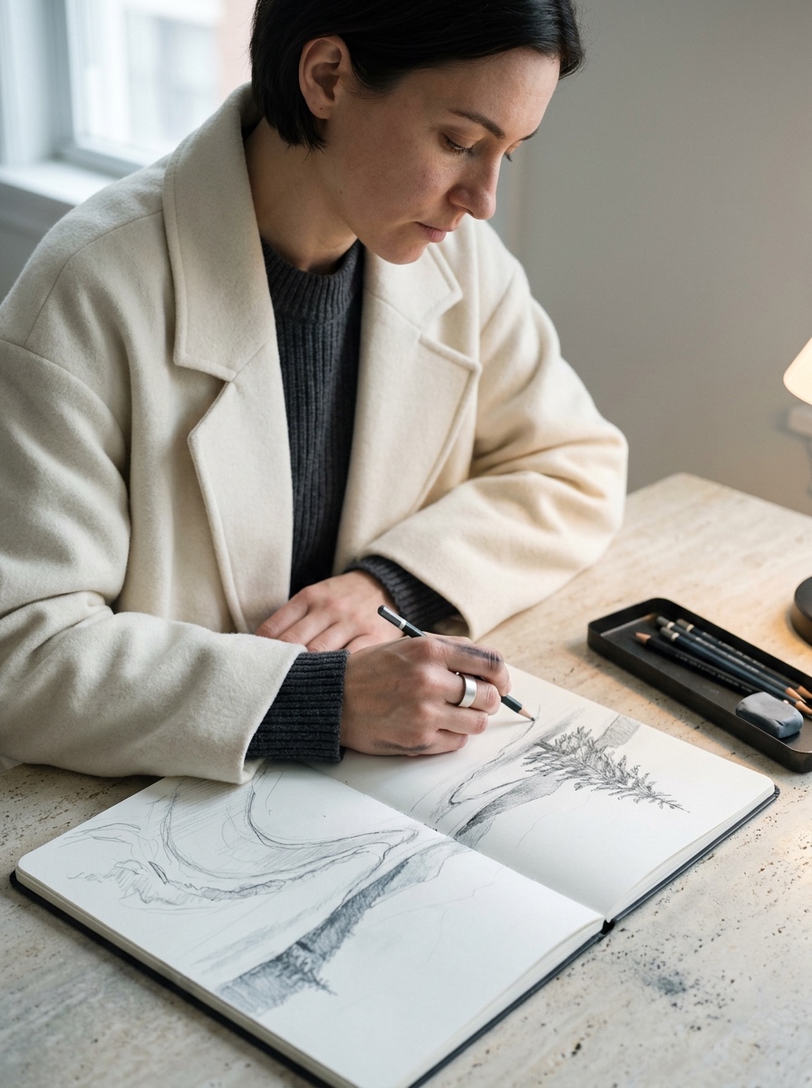 Hero image Artist learning how to draw snow, shading a graphite snowbank and pine on a travertine desk | Sky Rye Design Artist learning how to draw snow, shading a graphite snowbank and pine on a travertine desk