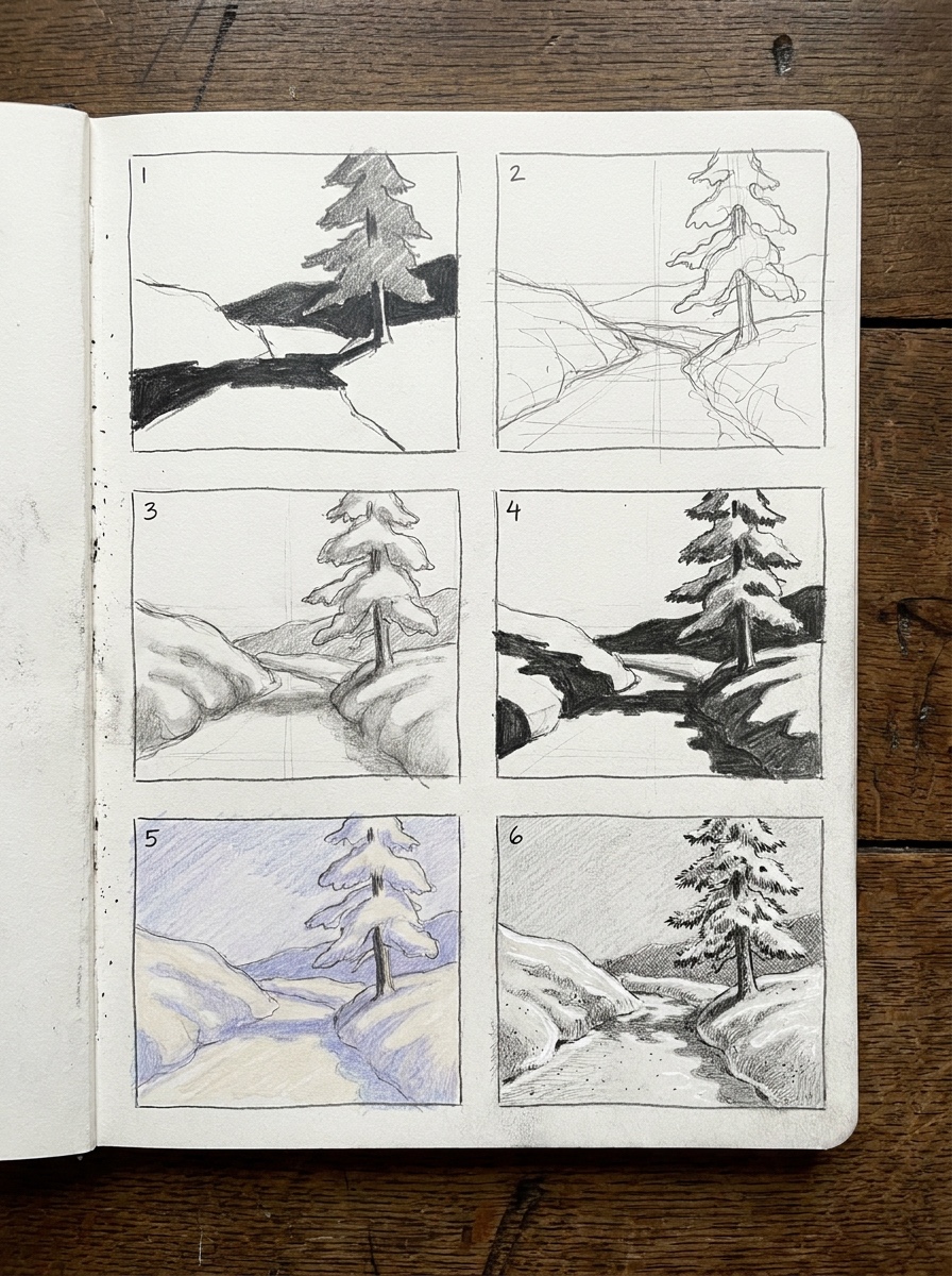 Six-step sketchbook tutorial Sketchbook page showing six stages of a snowy path, snowbank, and pine drawing | Sky Rye Design Sketchbook page showing six stages of a snowy path, snowbank, and pine drawing
