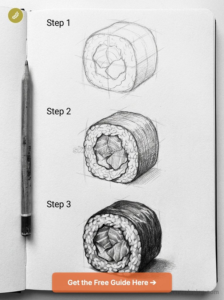 Three-step pencil drawing of a maki roll demonstrating basic construction lines, refined contours, and final shading