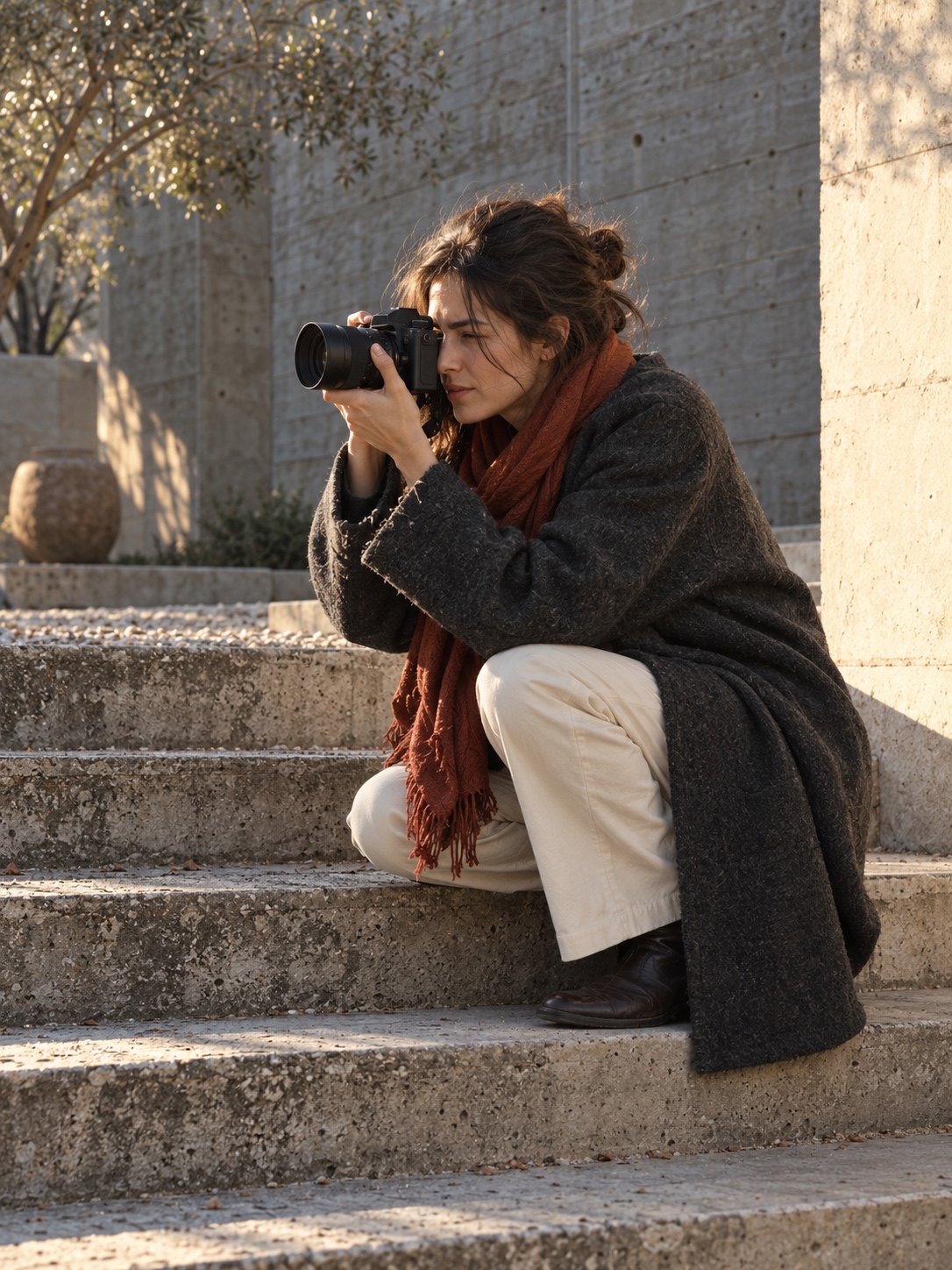 Hero photographer at work Photographer crouching on a concrete stair to frame a portrait, showing how to take amazing photographs by changing position | Sky Rye Design Photographer crouching on a concrete stair to frame a portrait, showing how to take amazing photographs by changing position