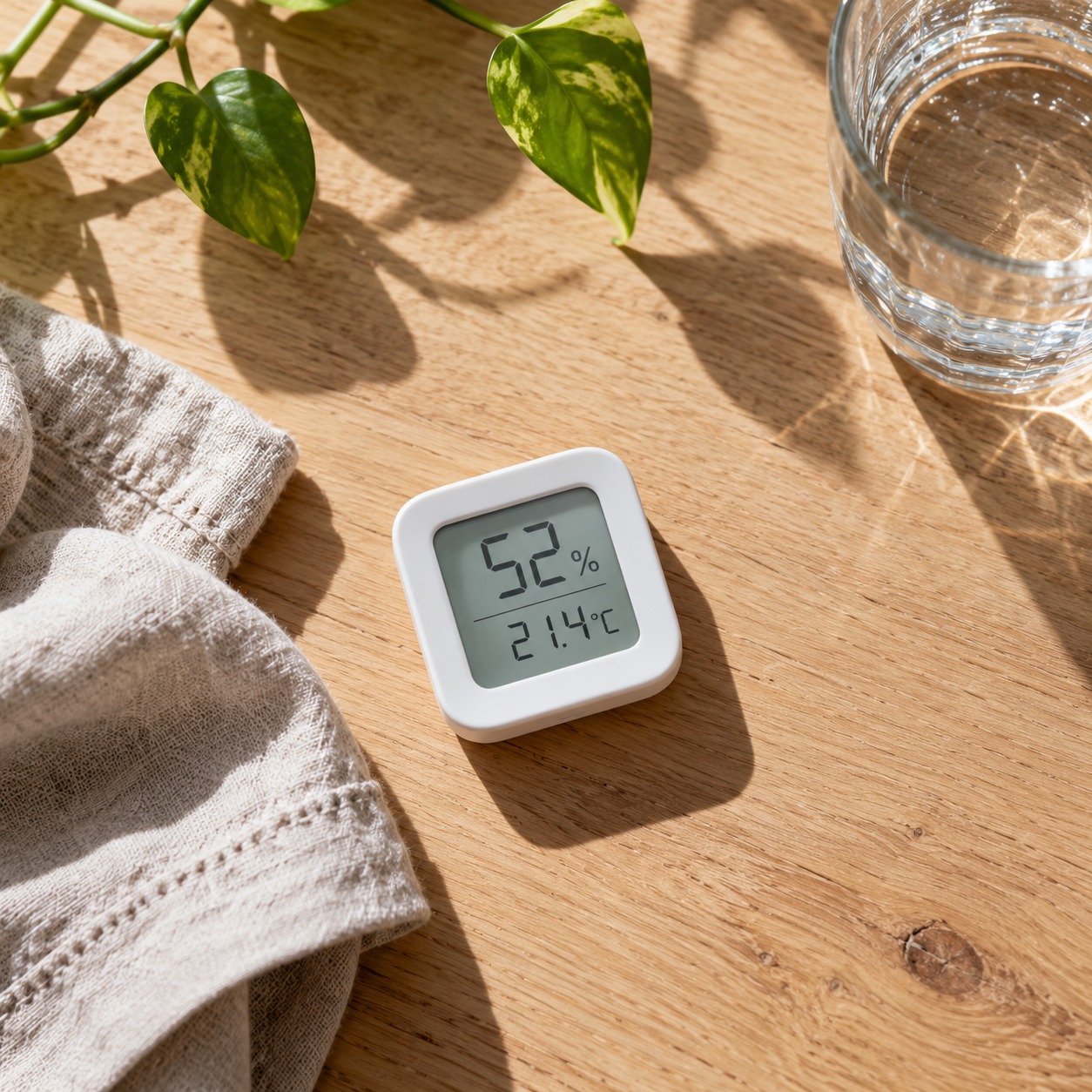 Humidity meter oak table White humidity meter beside linen, a glass of water and a leaf on an oak table. | Sky Rye Design White humidity meter beside linen, a glass of water and a leaf on an oak table.