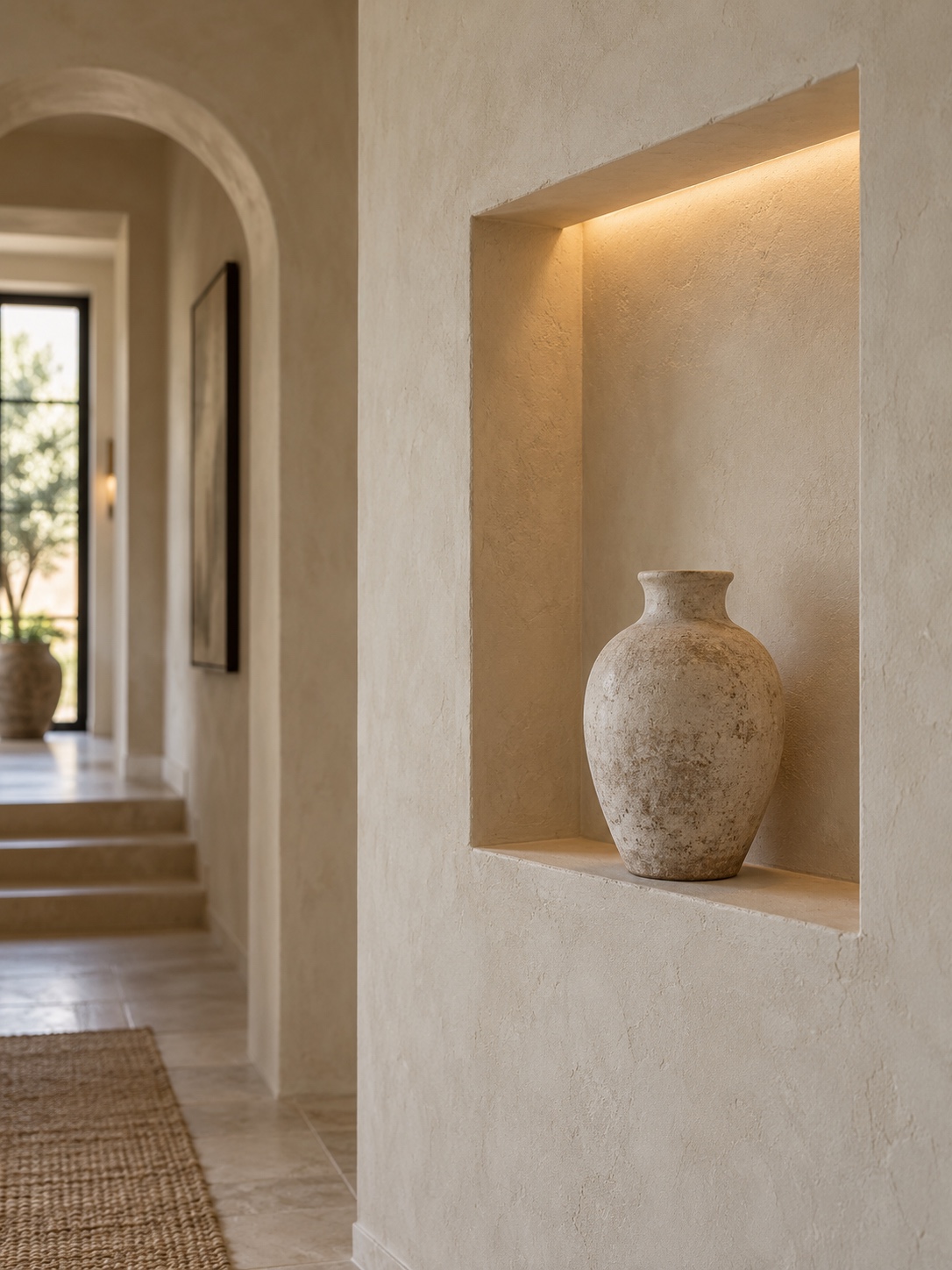 Illuminated wall niche ceramic vase Warmly lit recessed niche with a ceramic vase in a limewashed wall | Sky Rye Design Warmly lit recessed niche with a ceramic vase in a limewashed wall