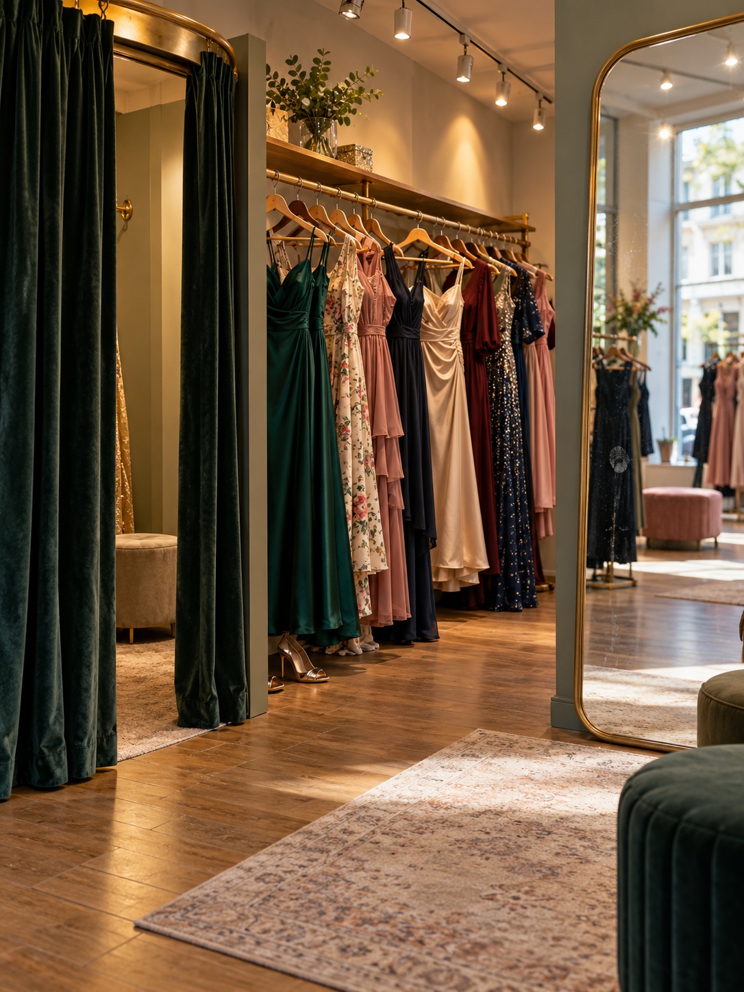 Inclusive boutique fitting area A boutique fitting area with occasionwear in varied sizes= A boutique fitting area with occasionwear in varied sizes.