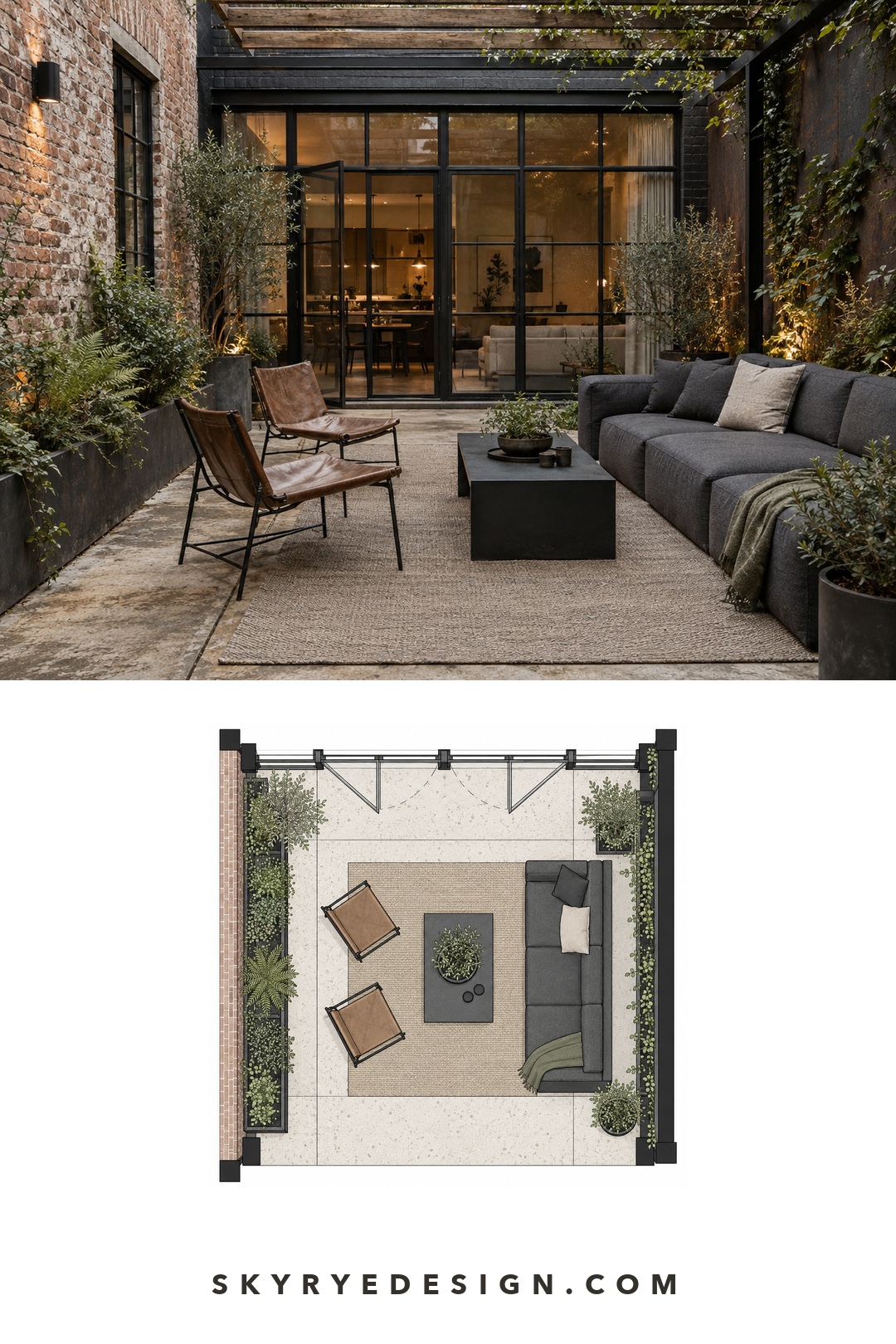 Refined industrial courtyard photograph paired with a top-down plan showing the sofa, two chairs, coffee table, glass doors, brick wall, and planters