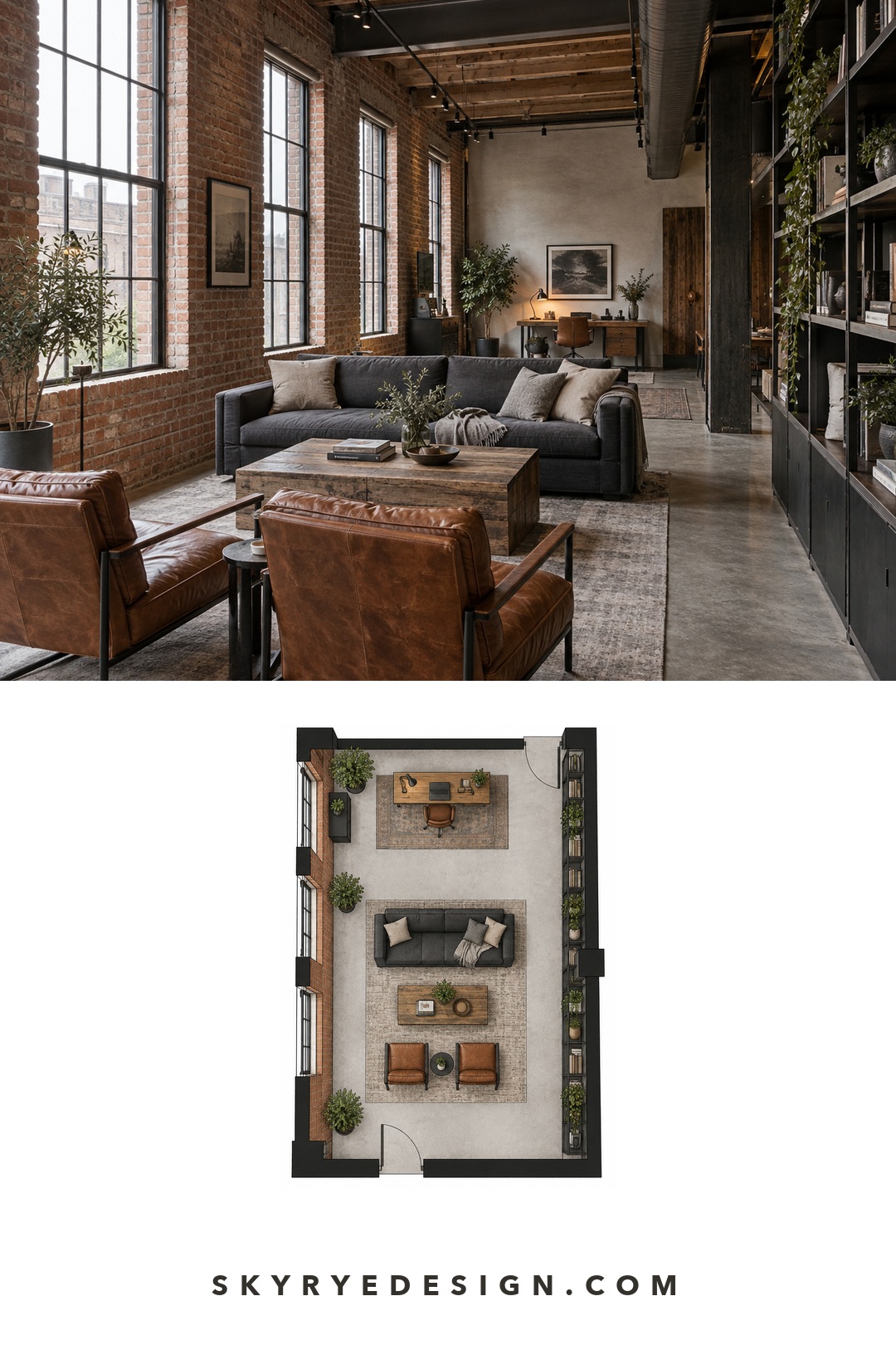 Industrial loft living room photo paired with a long top-down floor plan