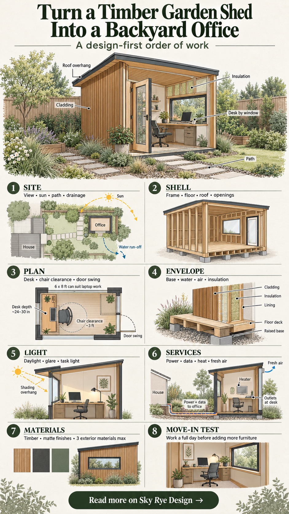 Vertical infographic showing an eight-step design-first order of work for turning a timber garden shed into a backyard office