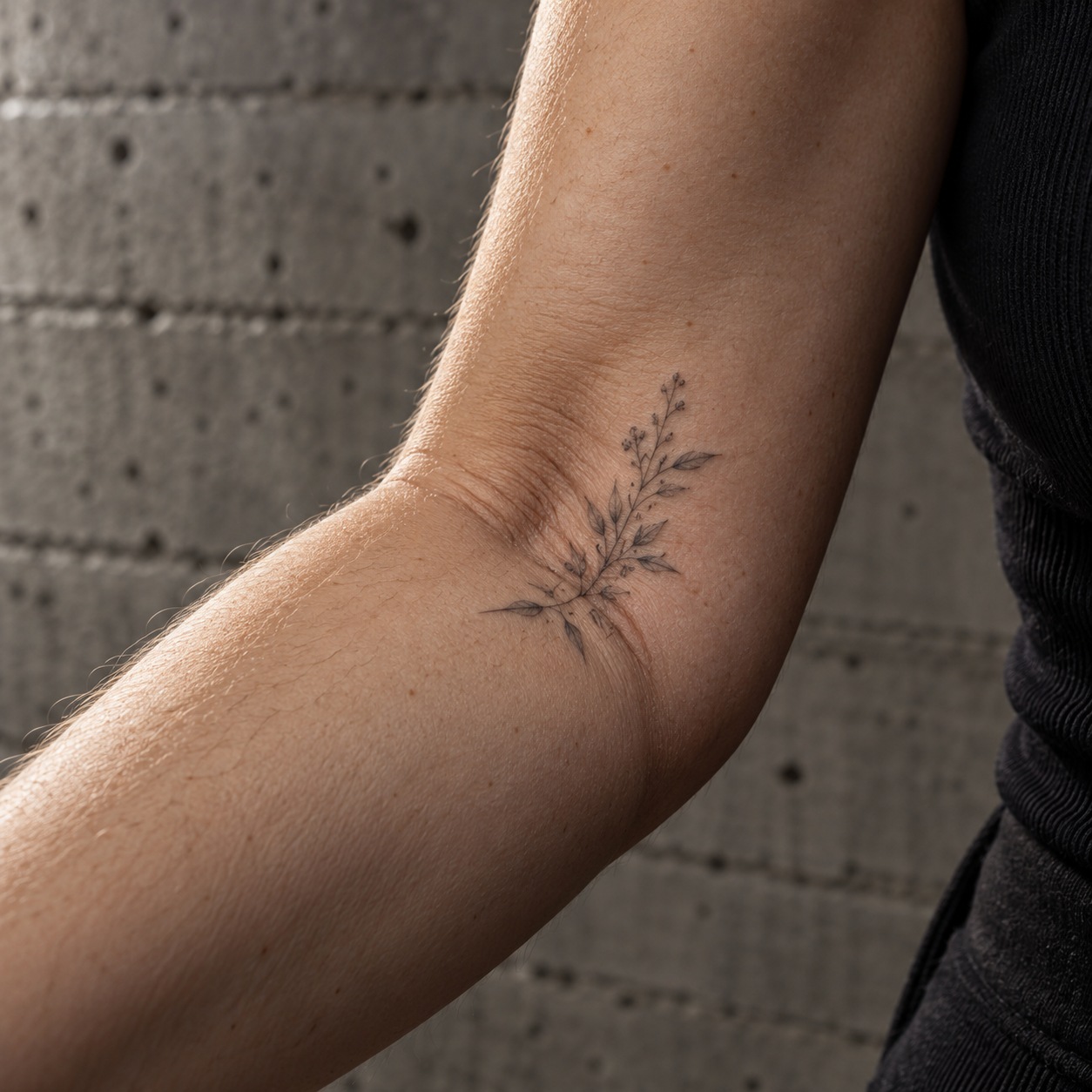 Small botanical tattoo across the inner elbow crease