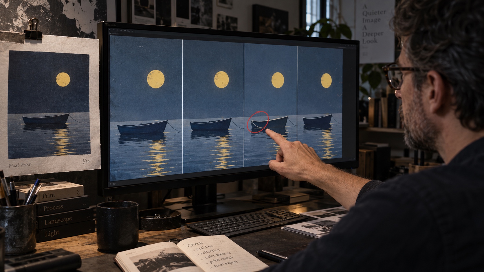 Inspecting animation line quality Designer comparing boat outlines across several animation frames on a monitor | Sky Rye Design Designer comparing boat outlines across several animation frames on a monitor