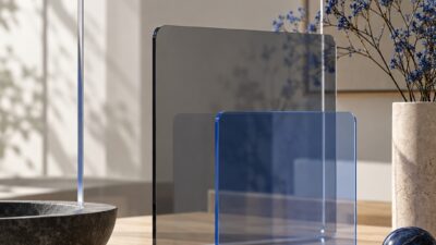 Three stacked acrylic panels decreasing in size and opacity