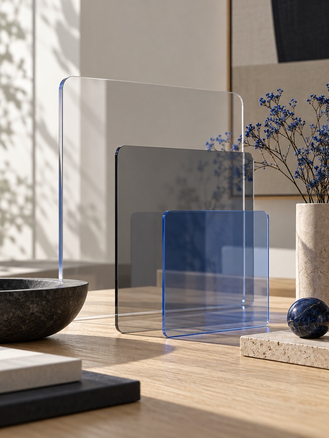 Three stacked acrylic panels decreasing in size and opacity