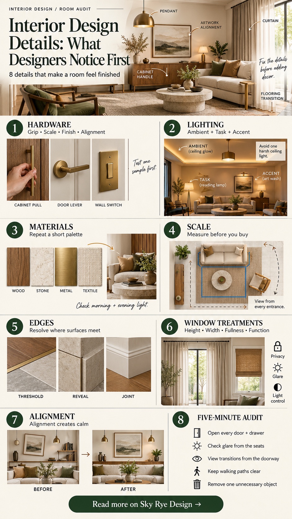 Interior Design Details Room Audit Infographic Interior design details infographic showing hardware, layered lighting, material palette, furniture scale, surface transitions, window treatments, alignment, and a room audit | Sky Rye Design Interior design details infographic showing hardware, layered lighting, material palette, furniture scale, surface transitions, window treatments, alignment, and a room audit