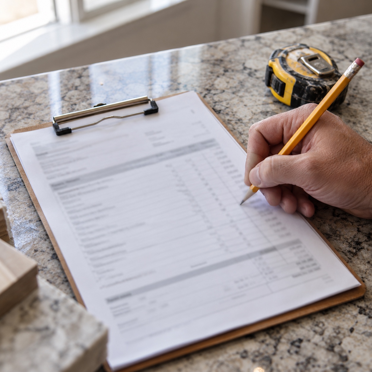 Hand marking an itemized bathroom remodeling estimate on a clipboard