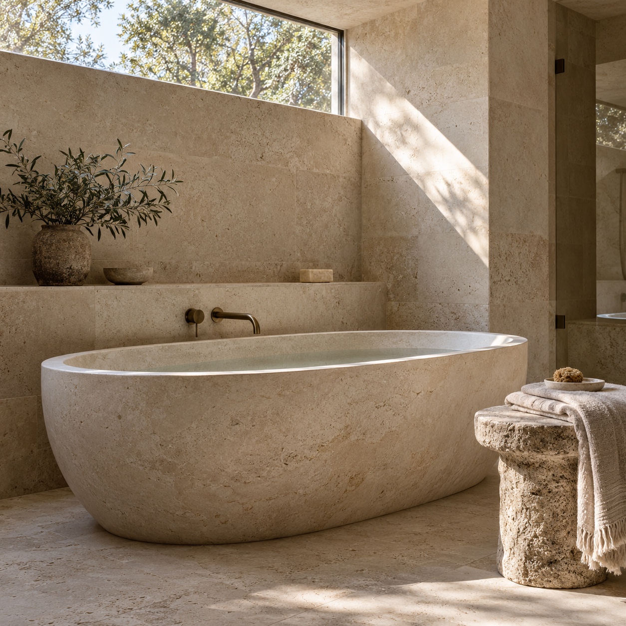 Deep soaking bathtub in a pale limestone bathroom with soft clerestory light