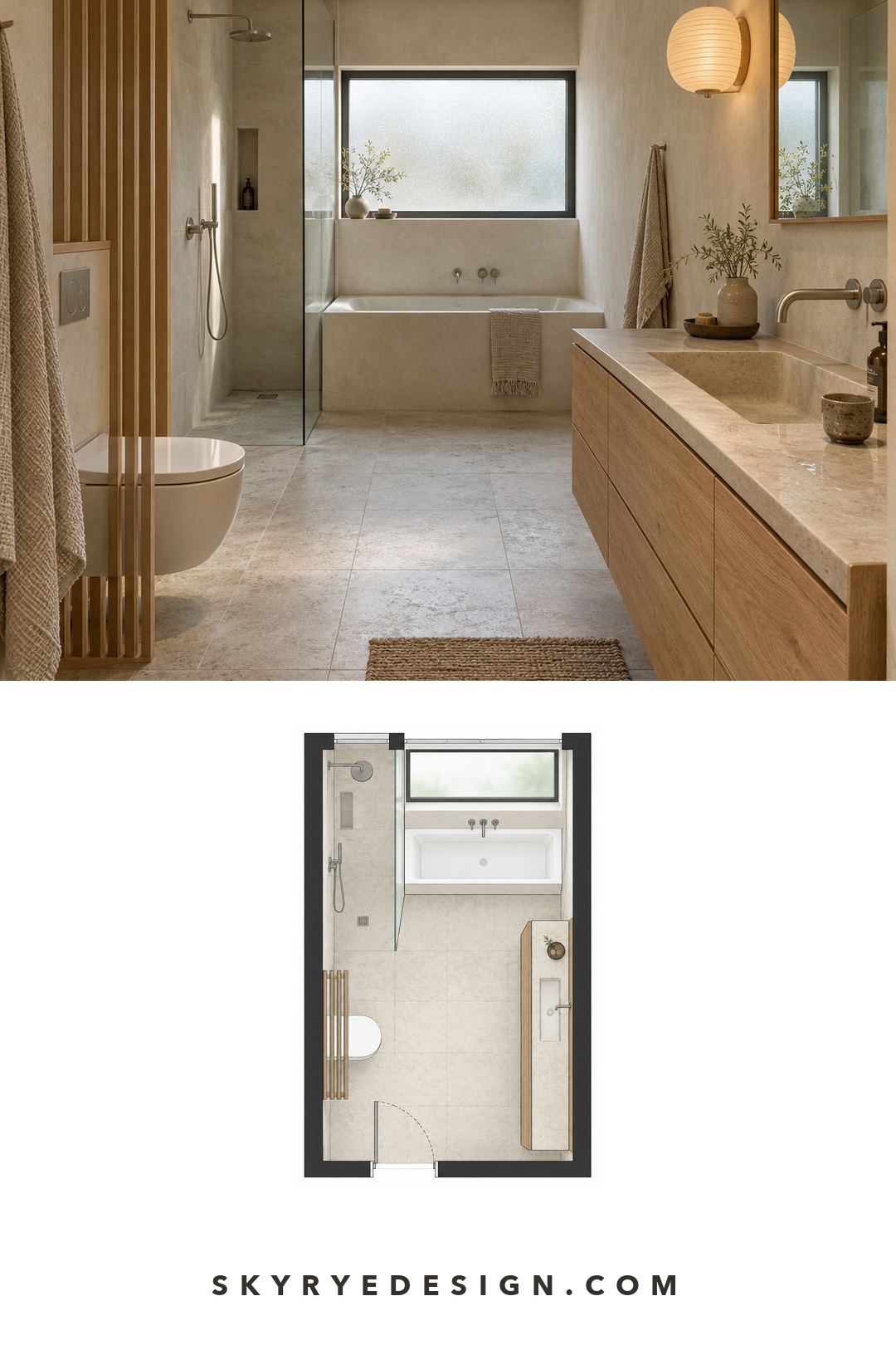 Japandi Bathroom Interior Plan Japandi bathroom photograph paired with a top-down floor plan showing the long vanity, soaking tub, shower, toilet, and entry | Sky Rye Design Japandi bathroom photograph paired with a top-down floor plan showing the long vanity, soaking tub, shower, toilet, and entry
