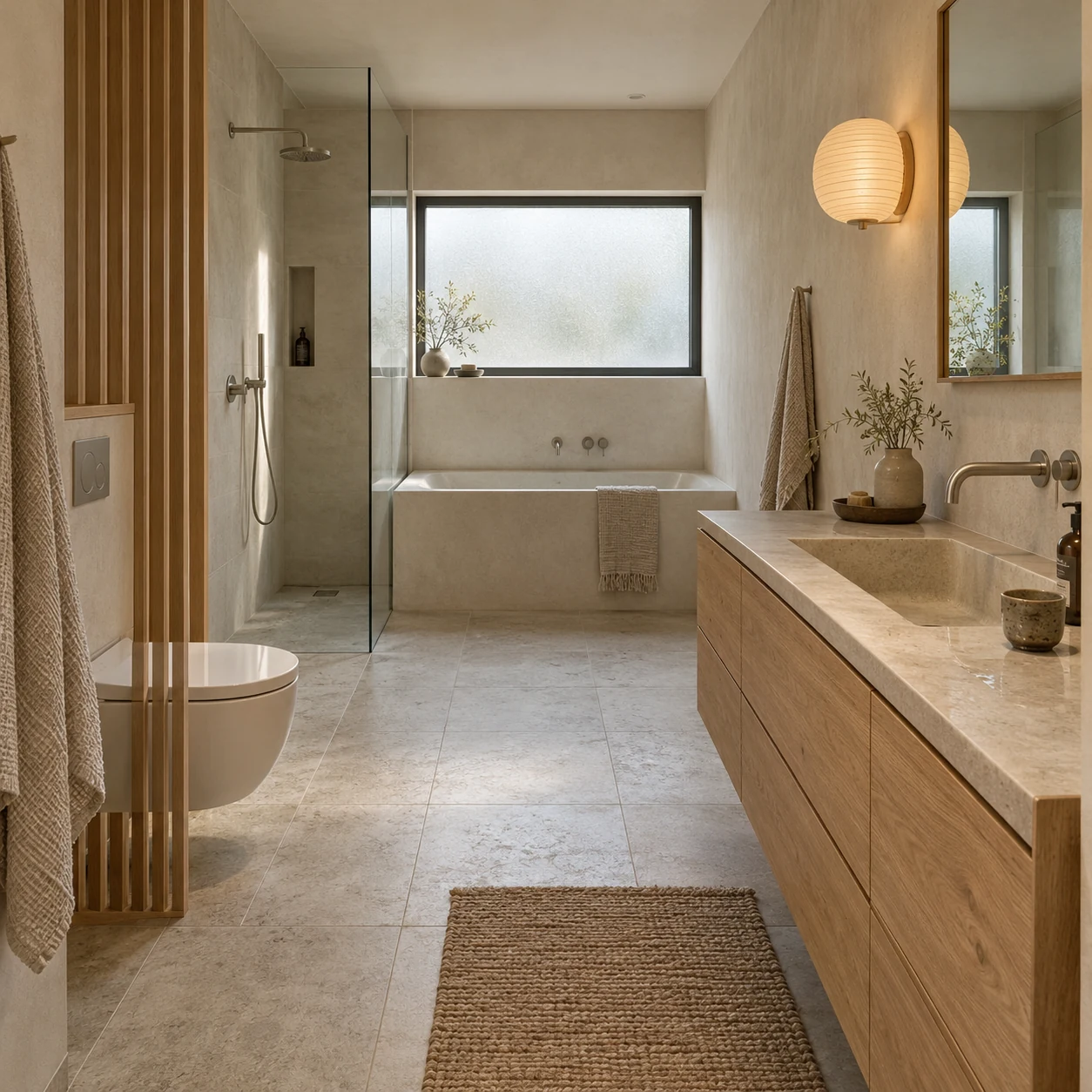 Japandi Bathroom Interior Japandi bathroom with pale oak vanity, soaking tub, walk-in shower, and slatted toilet screen | Sky Rye Design Japandi bathroom with pale oak vanity, soaking tub, walk-in shower, and slatted toilet screen
