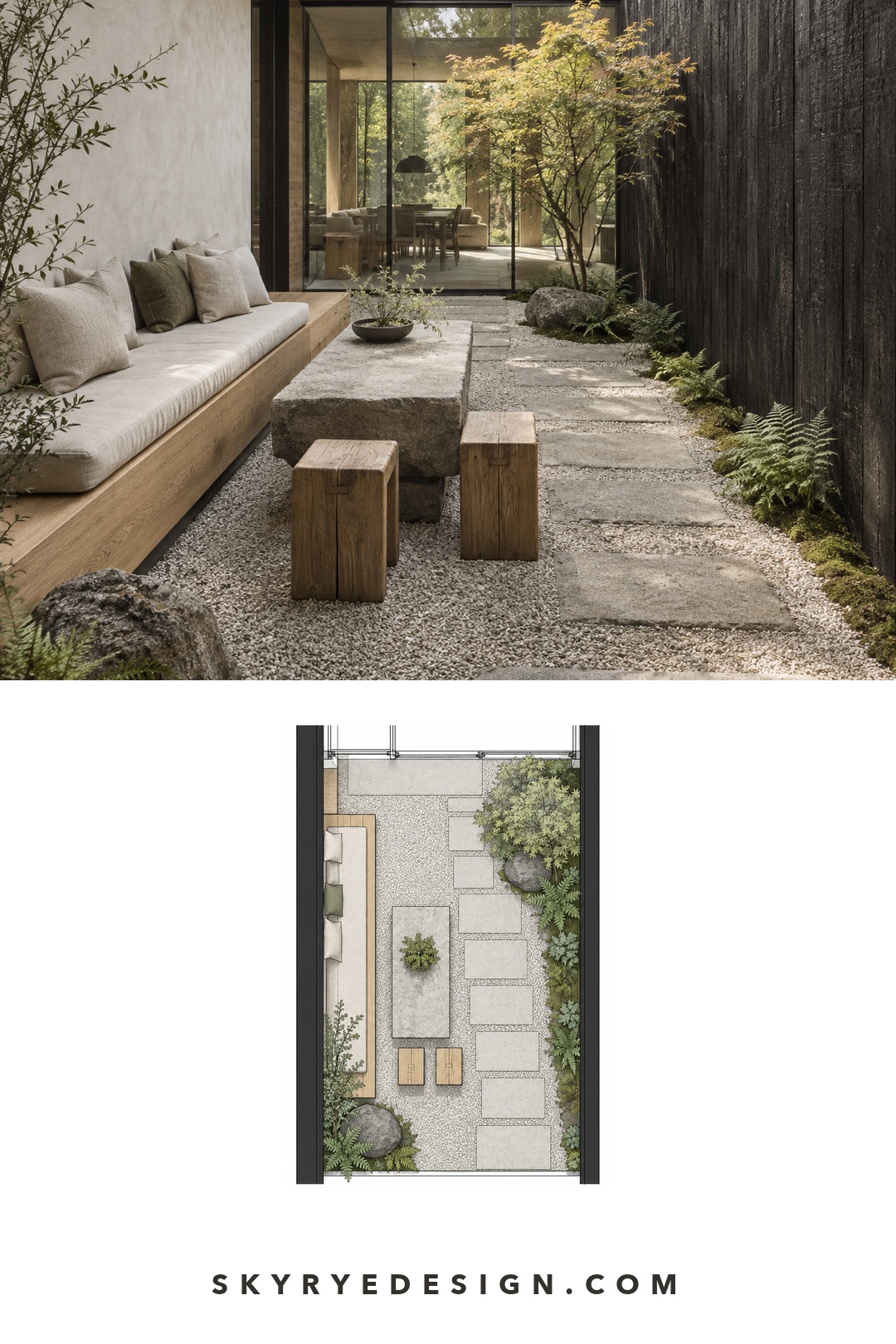 Japandi courtyard photograph paired with a top-down plan showing the built-in bench, stone table, stools, stepping path, and planting