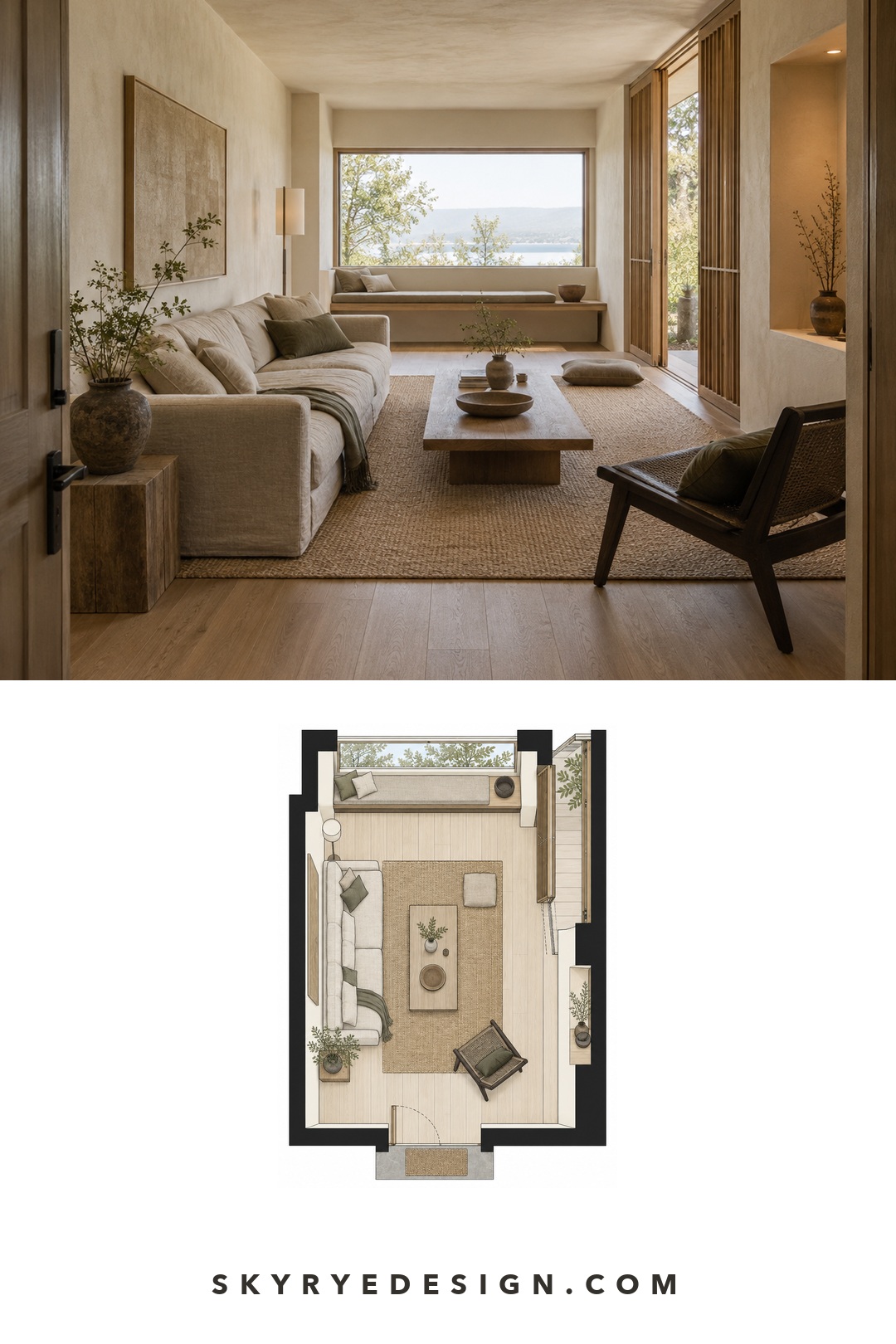 Japandi living room photo paired with a long narrow top-down floor plan