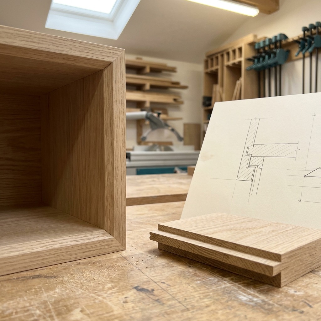 Shop Drawings Guiding Joinery Fabrication Joinery workshop bench with detailed shop drawings beside oak cabinet components being assembled, showing precise joints and edge profiles | Sky Rye Design Joinery workshop bench with detailed shop drawings beside oak cabinet components being assembled, showing precise joints and edge profiles
