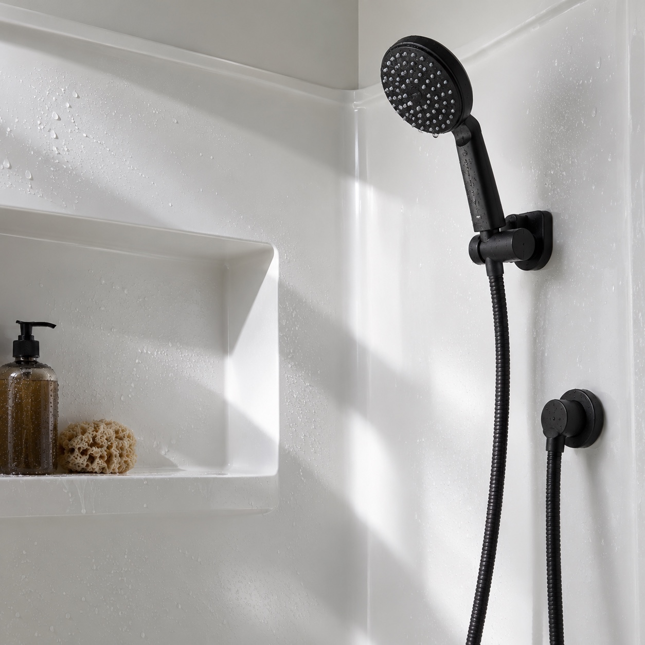 Joint-free white acrylic shower surround with a recessed shelf and handheld showerhead