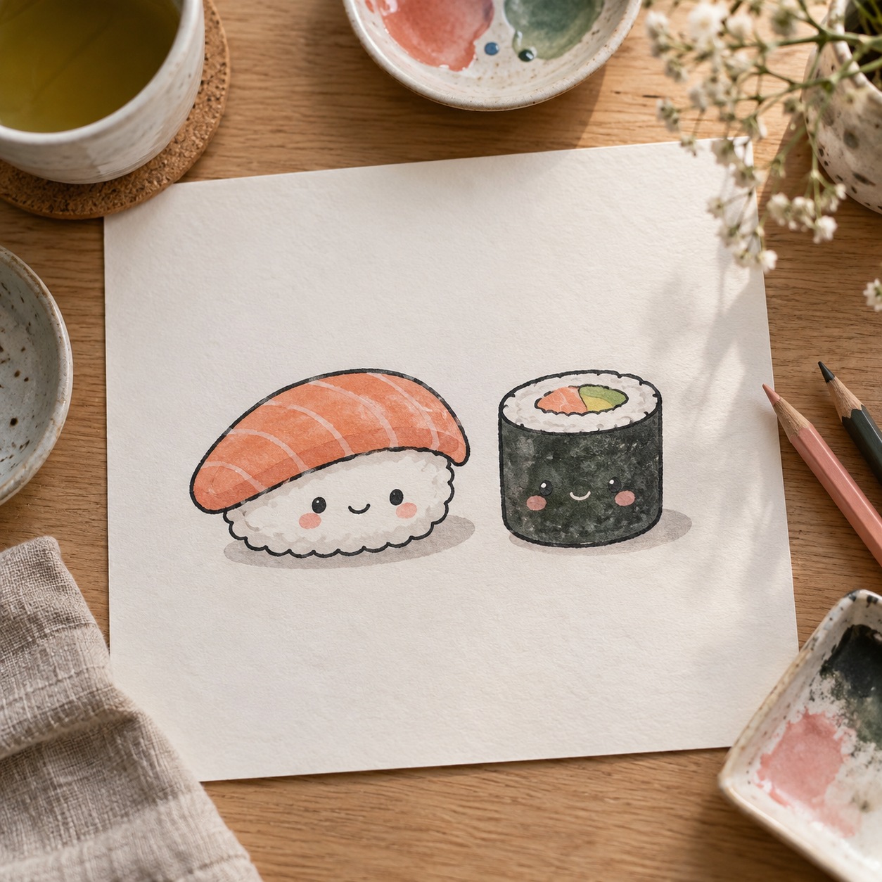 Kawaii nigiri and maki drawings with small faces, pastel fills and thick outlines