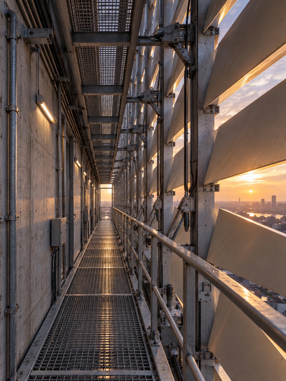 Steel maintenance walkway behind an external moving screen